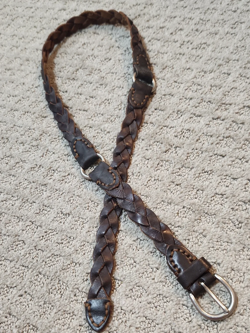 Braided Brown Leather Belt With Silver Tone Buckle & Harness Style Rings Large